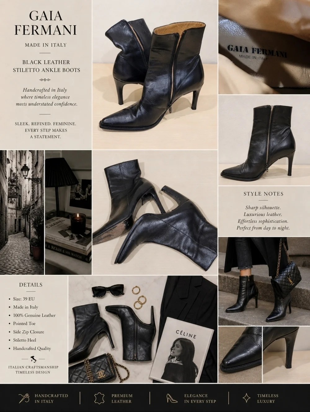 Sz 39 EU Gaia Fermani Black Leather Stiletto Ankle Boots Handcrafted in Italy
